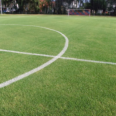 Ein Fuballplatz mit abgekreidetem Mittelkreis und Mittellinie. Im Hintergrund ist ein Tor zu erkennen.